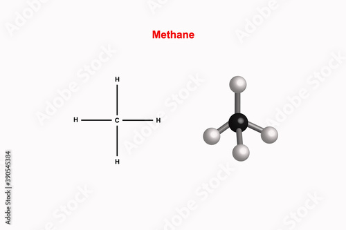 Methane, CH4, molecule model and chemical formula. Chemical compound. Marsh gas. Natural gas. Ball-and-stick model, geometric structure and structural formula. Illustration on white background. Vector