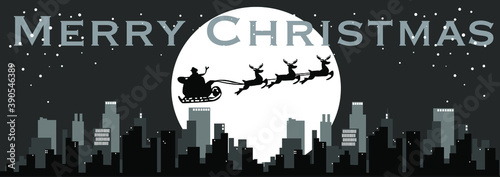 Santa flies over the city on Moon background, illustration.black and white