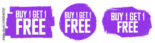 Set Buy 1 Get 1 Free tags, sale banners design template, grunge brush collection, limited time discount, grunge brush, vector illustration