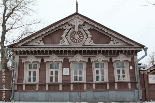 Wooden house with carved windows of Ulyanov family in Leo Tolstoy Street, 24, Ulyanovsk. Museum 