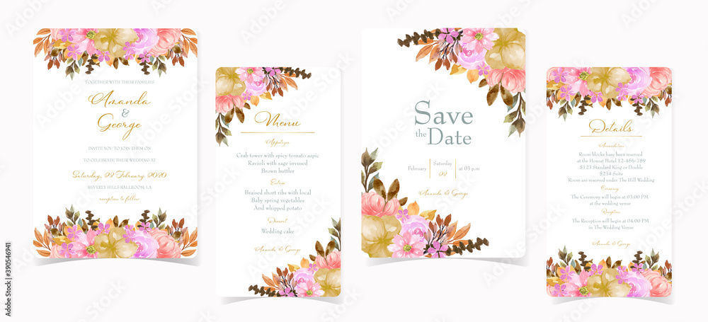 Romantic floral wedding invitation set with colorful flowers