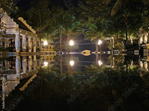 night view of palm trees in sparkling garlands reflected lights in the surface of the water