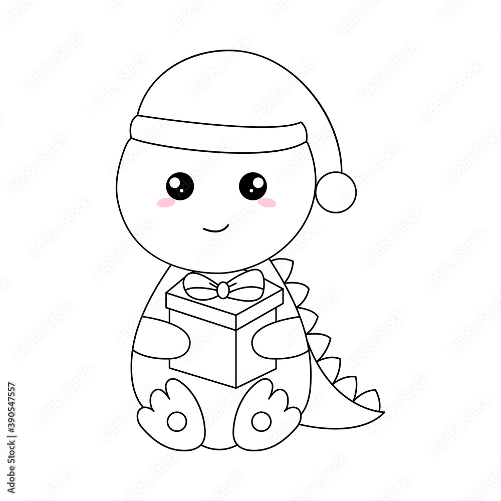 Naklejka premium Hand drawn kawaii dinosaur, of black contour isolated on white background. Design element for coloring book. Vector. 