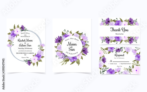 set of pretty purple flower wedding invitation