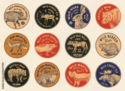 Wild animals stickers in vintage style. Forest Deer Beaver Elk Wolf Bear Fox Marten Badger Boar Hare. Retro monochrome badge or label. Northern European Beasts. Hand drawn sketch.