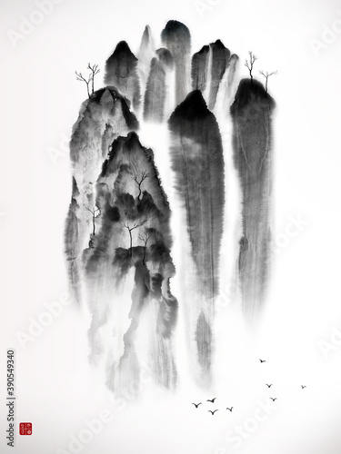 Chinese traditional landscape painting of mountains with water fall 