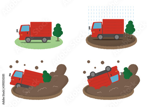 土砂災害に遭う赤いトラックのベクターイラストセット