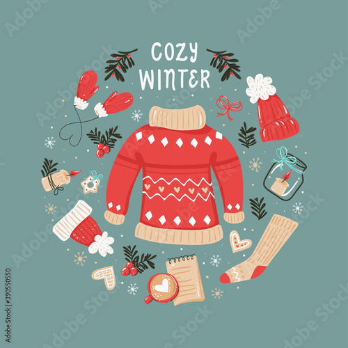 Christmas round background with cozy winter clothes and items