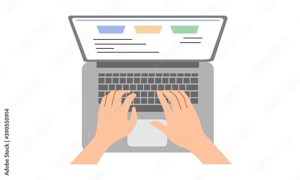 Hands typing text on the laptop keyboard