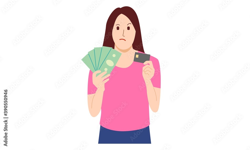 Cash vs credit card. Woman choosing between money and credit card Cash vs credit card. Woman choosing between money and credit card