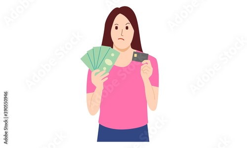 Cash vs credit card. Woman choosing between money and credit card