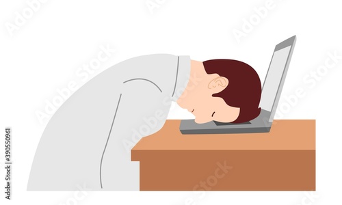 Tired employee sleeping at workplace on laptop keyboard