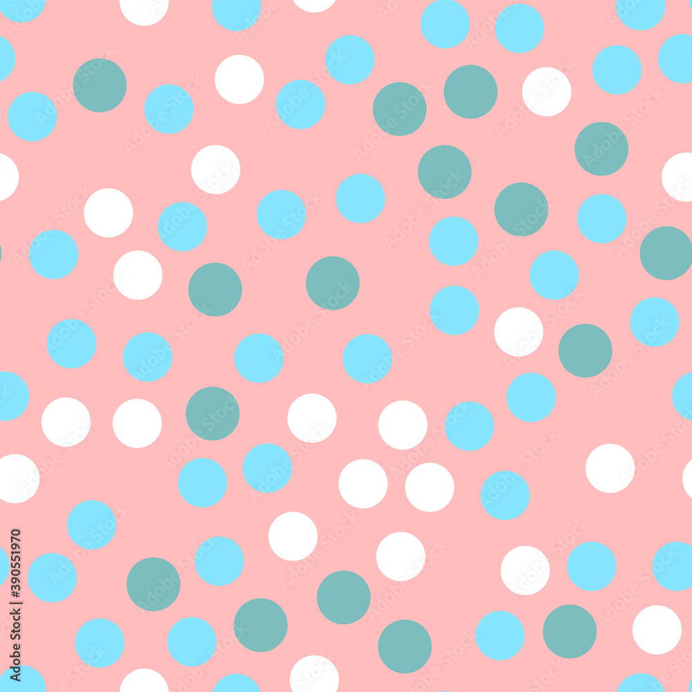 Pink vector background with white, mint, blue circles. Beautiful color pattern in a delicate palette. Design for fabric, paper, packaging, poster, banner sites. Vector illustration