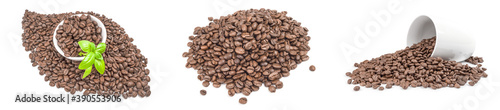 Collection of pile of roasted coffee beans isolated on a white background