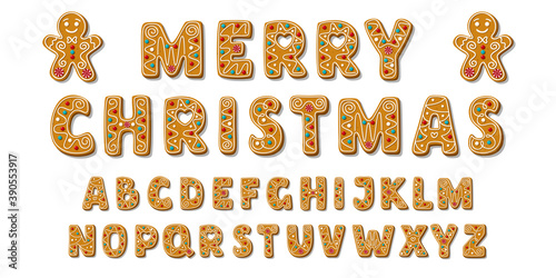 Set of alphabet holidays gingerbread cookies. Christmas abc letters font. Vector Illustration.