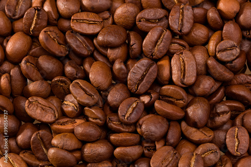 roasted coffee beans background. Top view. Close Up.