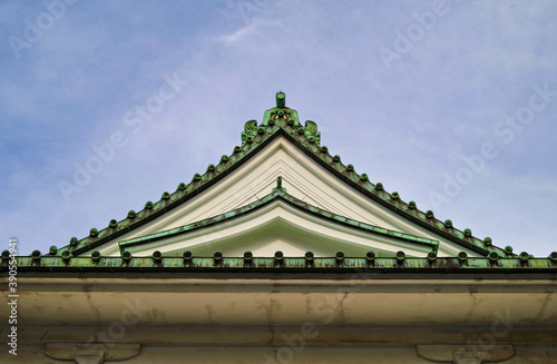 Roof of traditional Japanese house against blue sky photo
