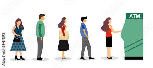 ATM queue concept vector illustration on white background. People are standing and. waiting in the line in flat design.
