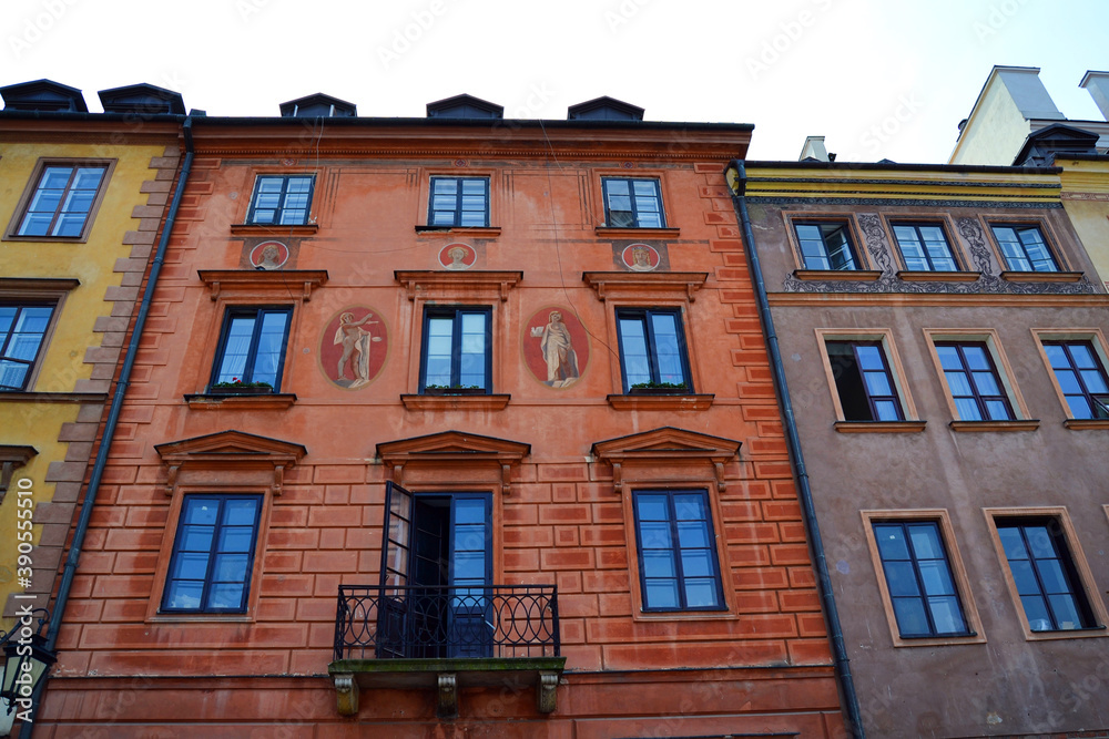 Beautiful facades of old buildings in old town (Stare Miasto). Warsaw, Poland