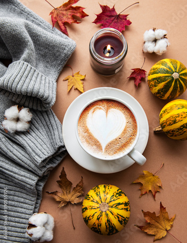 Beautiful and romantic autumn composition with cup of coffee
