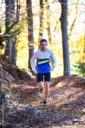 Professional running athlete trains among the leaves of the woods
