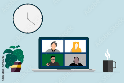 people connecting, learning or meeting online with teleconference, video conference remote working on the laptop computer, work from home and work from anywhere concept, flat vector illustration