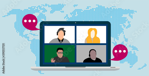 people connecting, learning or meeting online with teleconference, video conference remote working on the laptop computer, work from home and work from anywhere concept, flat vector illustration