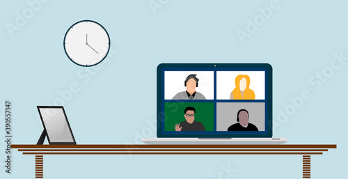 people connecting, learning or meeting online with teleconference, video conference remote working on the laptop computer, work from home and work from anywhere concept, flat vector illustration