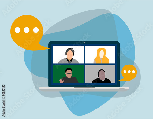 people connecting, learning or meeting online with teleconference, video conference remote working on the laptop computer, work from home and work from anywhere concept, flat vector illustration