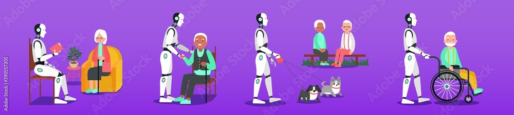 Illustration of sci fi robot he supports pensioners in different activities in purple background.