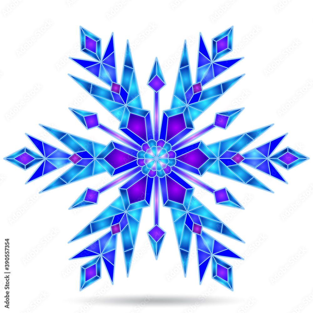 Illustration in the stained glass style with an openwork snowflake, isolated on a white background Illustration in the stained glass style with an openwork snowflake, isolated on a white background