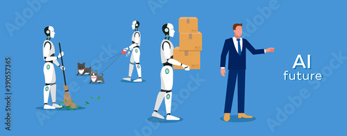 Illustration of smart and futuristic robot supporting people in walking pets in bringing boxes and cleaning.