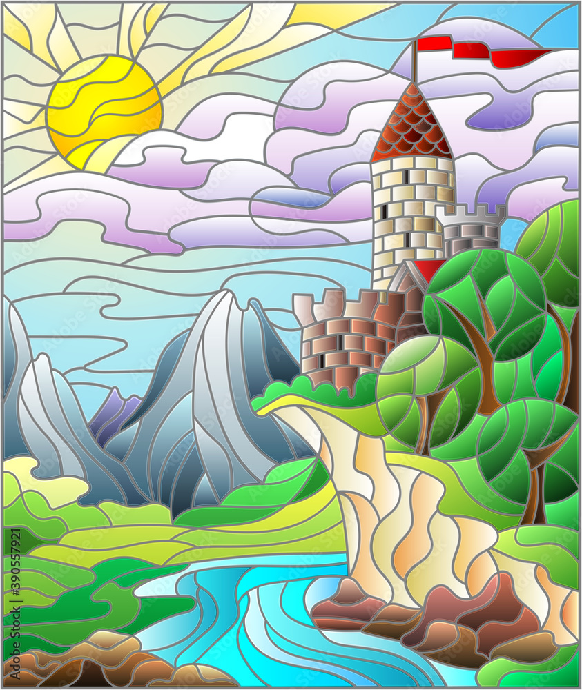 Illustration in the stained glass style with a landscape, an old castle on the background of the river and the sky, rectangular image