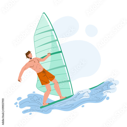 Windsurfing Man Surfer Athlete On Wavy Sea Vector