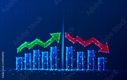 Vector tech polygonal growth chart with up and down red and green arrows and charts.