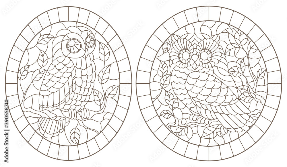 Set of contour illustrations of stained glass Windows with cute cartoon owls on tree branches, dark outlines on a white background, oval images