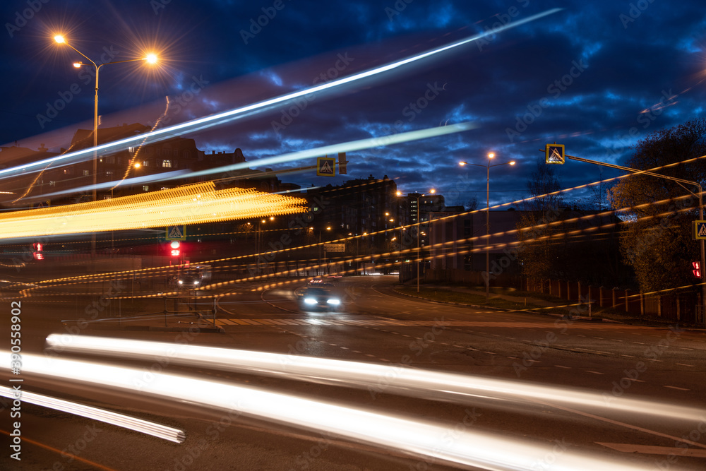 Night city traffic light trails