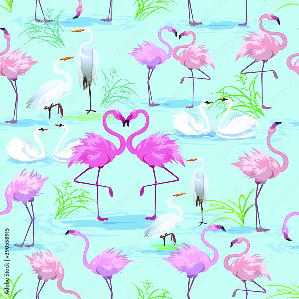 Obraz premium seamless pattern with pink flamingos, swans and herons