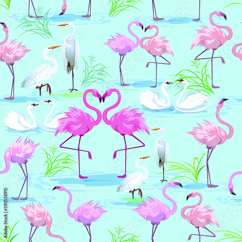seamless pattern with pink flamingos, swans and herons