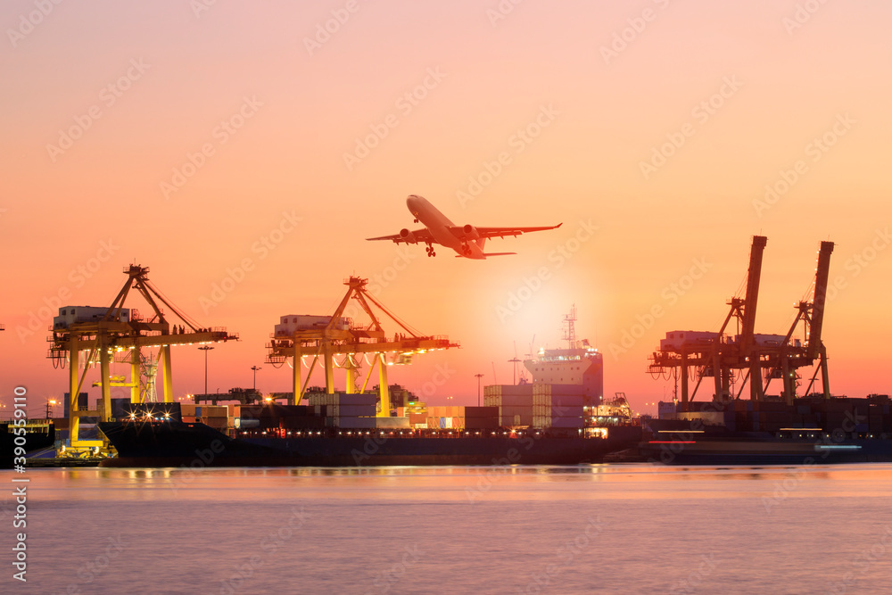 shipping boat and cargo plane flying against beautiful sky