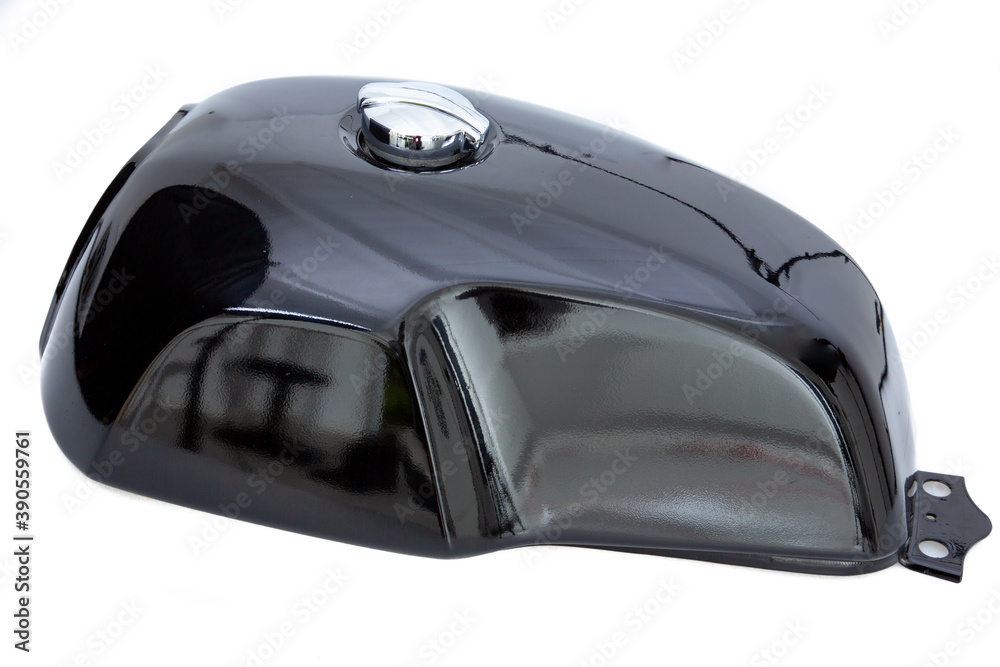fuel tank black of caferacer motorcycle with chrome cap on side view over white background fuel tank black of caferacer motorcycle with chrome cap on side view over white background