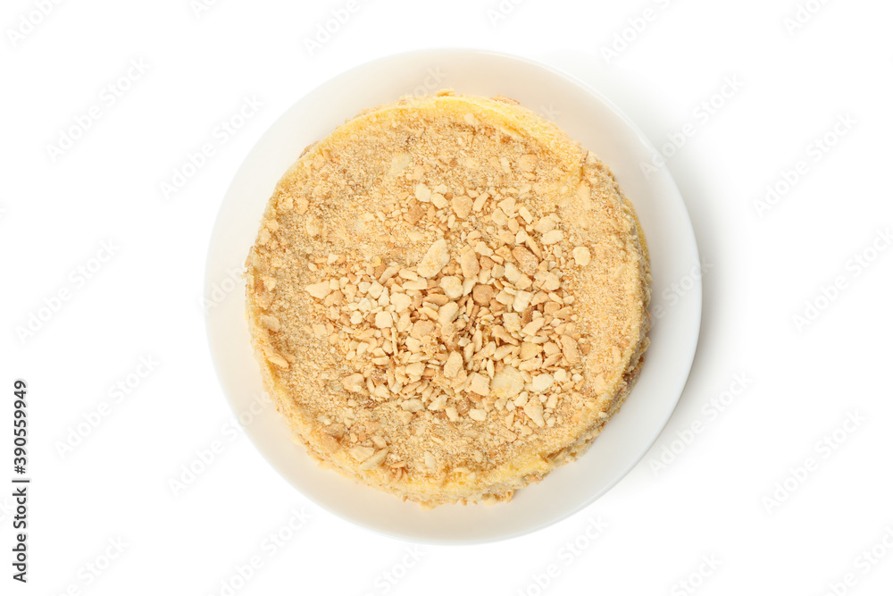 Plate with delicious Napoleon cake isolated on white background Plate with delicious Napoleon cake isolated on white background