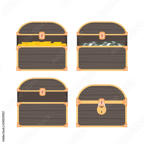 Set of old chests with money. Open and closed old chest in flat style. Vector.