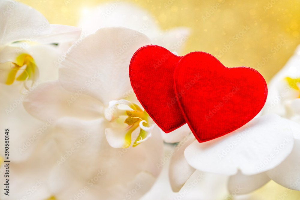Symbol of love and a white Orchid on a gold background