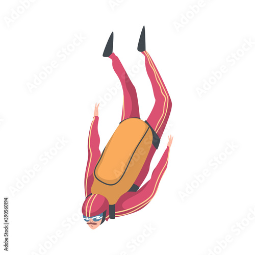 Skydiver Enjoying Freefall, Man Jumping with Parachute in Sky, Skydiving Extreme Sport Cartoon Style Vector Illustration
