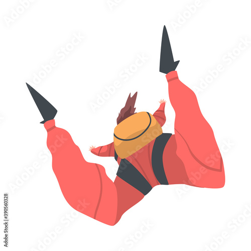 Skydiver Doing Base Jump, Man Jumping with Parachute in Sky, Skydiving Extreme Sport Cartoon Style Vector Illustration