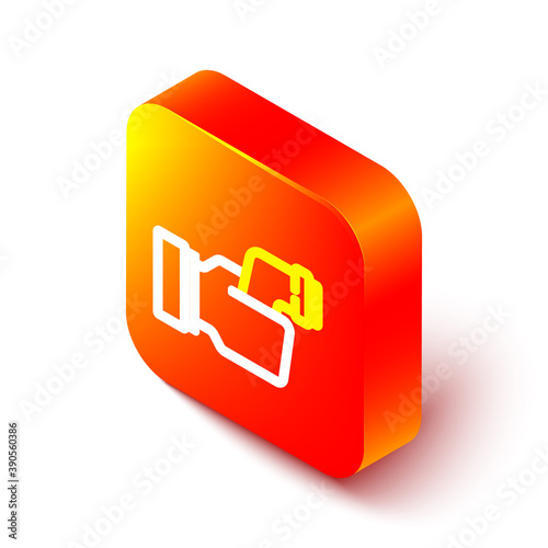 Isometric line Digital contactless thermometer with infrared light for medical examination icon isolated on white background. Checking body temperature. Orange square button. Vector.