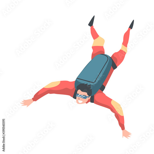 Skydiver Enjoying Freefall Freedom, Man Jumping with Parachute, Skydiving Extreme Sport Cartoon Style Vector Illustration