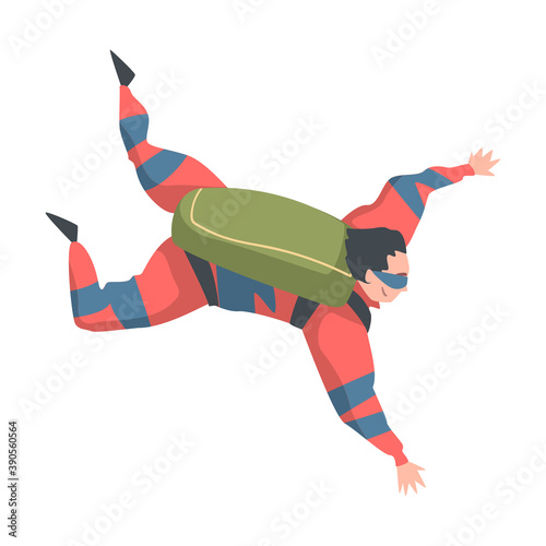Man Skydiver Doing Freefall Jump, Person Jumping with Parachute in Sky, Skydiving Parachuting Extreme Sport Cartoon Style Vector Illustration