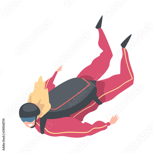 Skydiver Doing Base Jump with Parachute in Sky, Freefall, Skydiving, Parachuting Extreme Sport Cartoon Style Vector Illustration